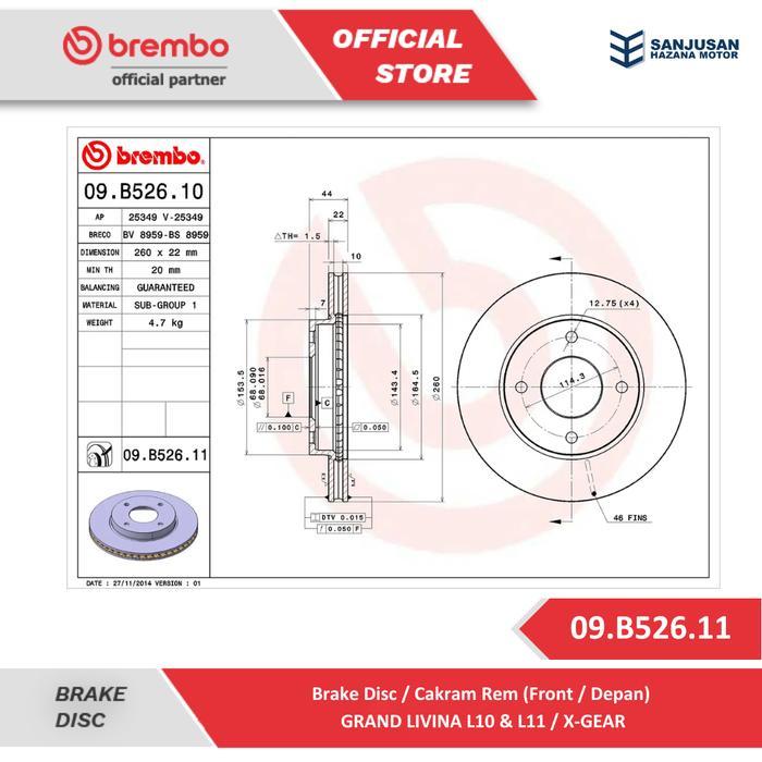 Brake Disc Front / Piringan Rem Depan Brembo Nissan Grand Livina - 09.B526.11