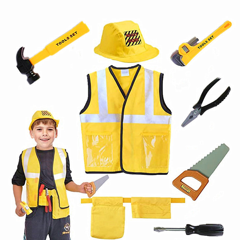 Toddler Construction Worker Vest Costume, Worker 5 Piece Playset, Yellow Reflect Vest With Tools,