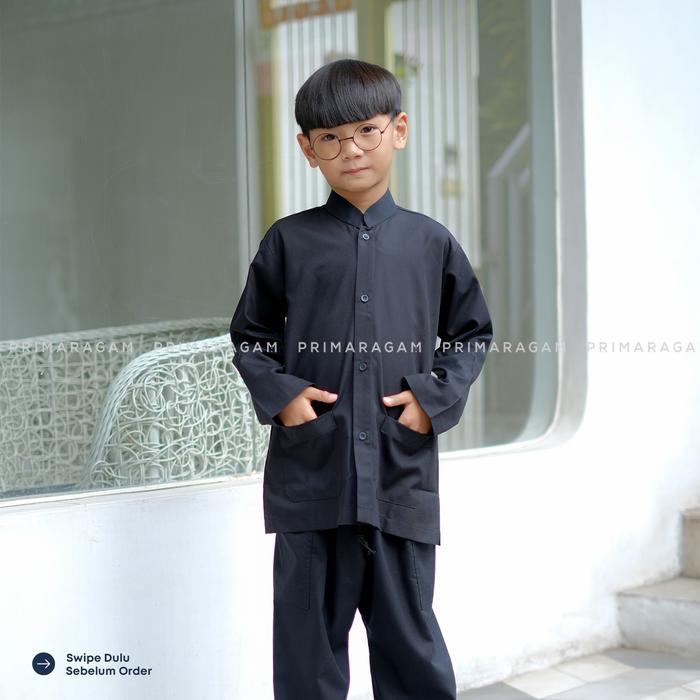 PRIMARAGAM BAJU KEMEJA PANGSI ANAK TK SD ADAT SUNDA KOKO HITAM POLOS LENGAN TANGAN PANJANG