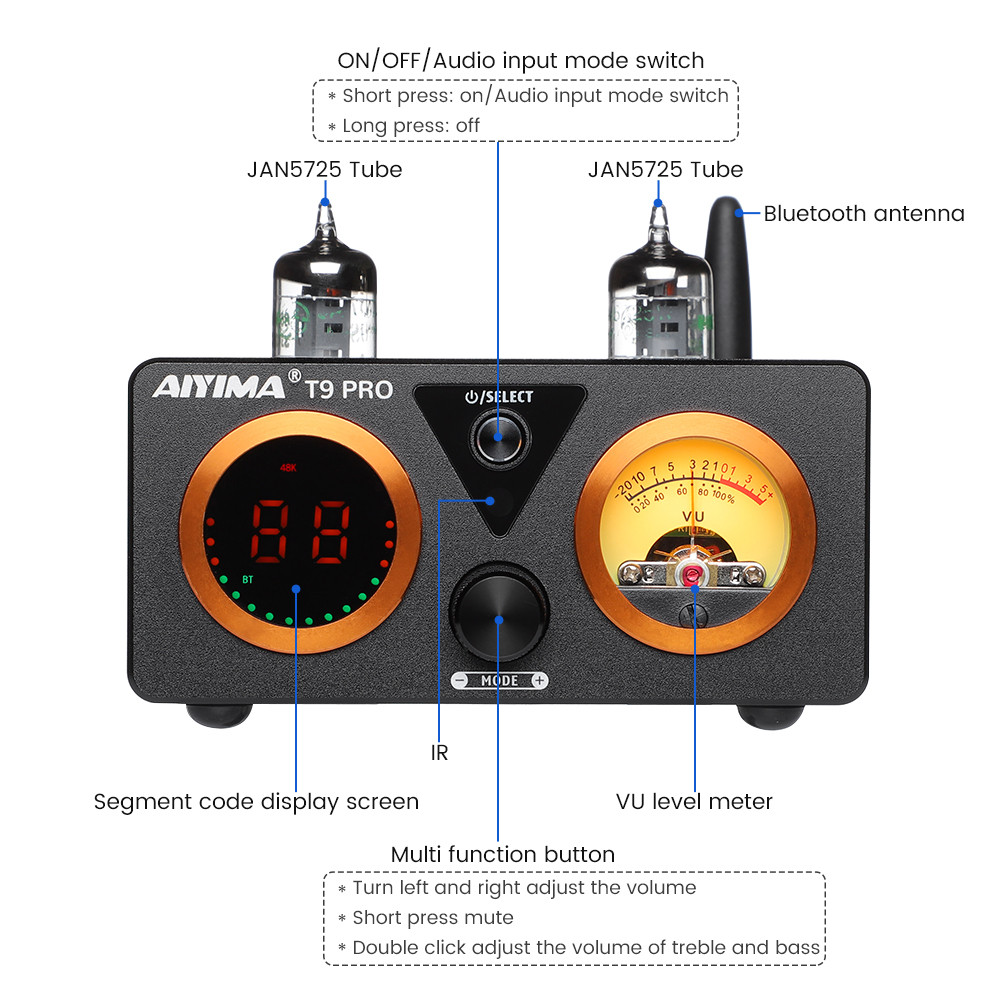 AIYIMA T9 PRO HiFi 5.2 Bluetooth Tube Amplifier VU Meter Stereo Power Amplifier USB DAC COAX OPT