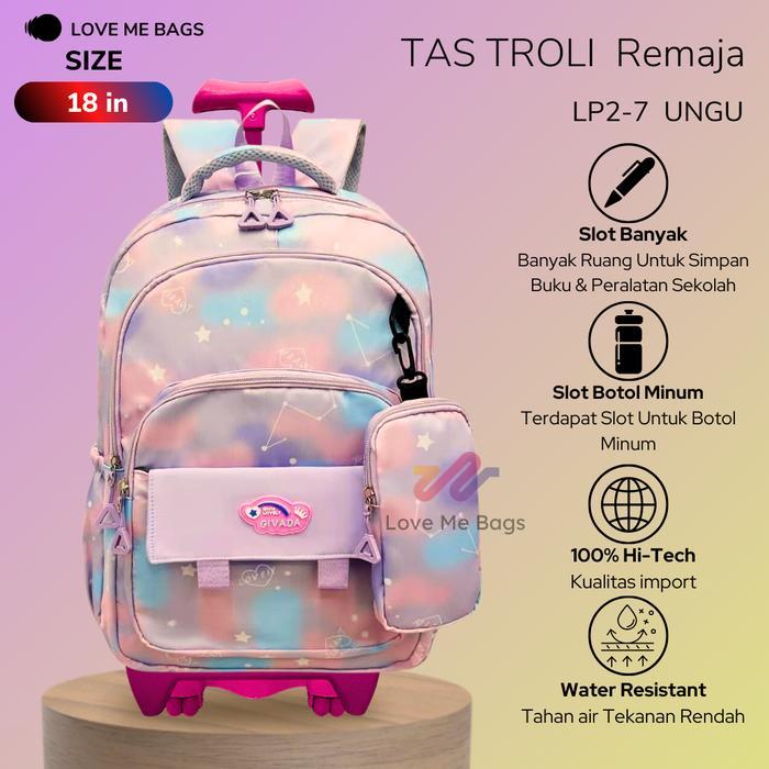 Tas Troli Sekolah Anak Perempuan Remaja Rainbow Lmb Bahan Nilon Tebal
