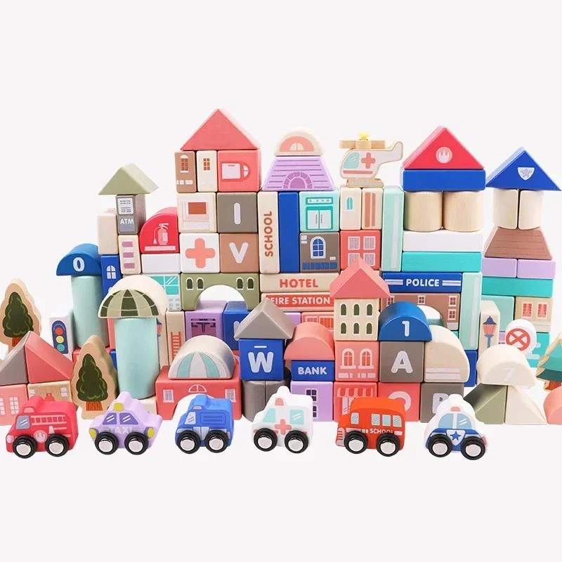 115pcs/set Wooden large particle building block toy Magic color city street View house car Blocks