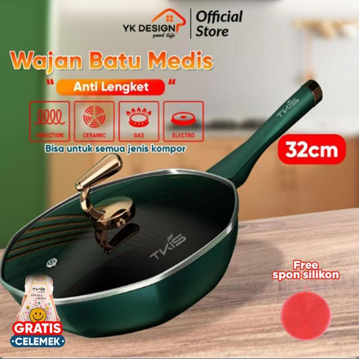 YK Design Wajan Batu Medis Persegi Delapan Anti Lengket 32CM Free Tutupan YK Design - 831