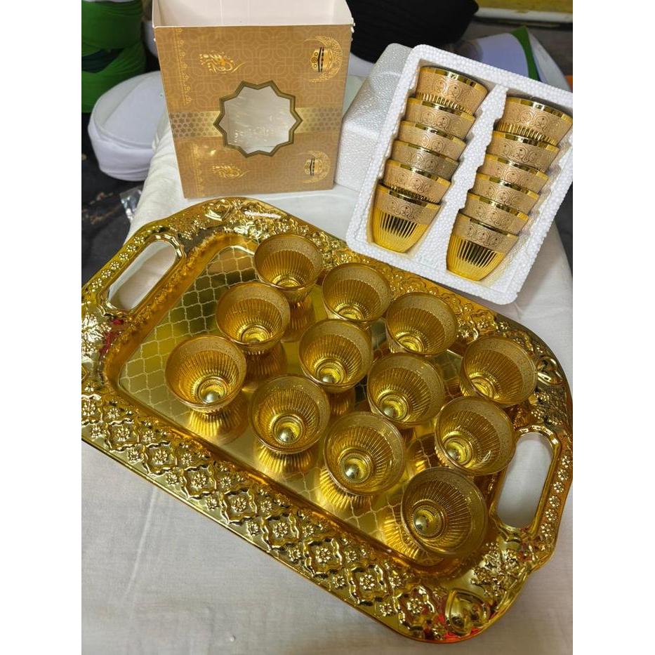 Paket Nampan Dan Gelas Zam Zam Isi 12 Gelas Cucing Untuk Air Zam Zam Gelas Mini Nampan Gold