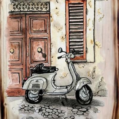Murmer_Asix Hiasan Dinding Vintage Lukisan Kayu Vespa Putih Dekorasi Cafe