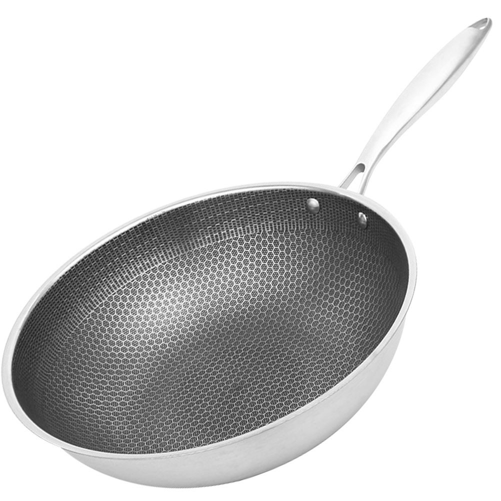 Stainless Steel Wok 34cm Nonstick Honeycomb Frying Pan Fast Heat Transfer Even Heating Scratch