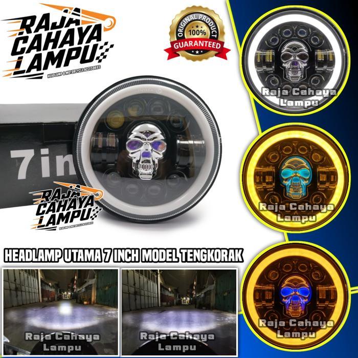 Lampu Depan 7 Inch Model Bulat TENGKORAK 12 LED Headlamp Motor Mobil Universal TAFT CARRY KATANA