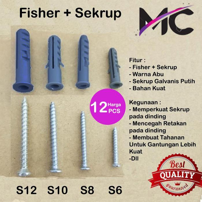 "New" Baut Dinding Tembok Fisher + Sekrup S5 S6 S8 S10 Per Pack Baut Gypsum Kuat Murah 12 PCS Warna