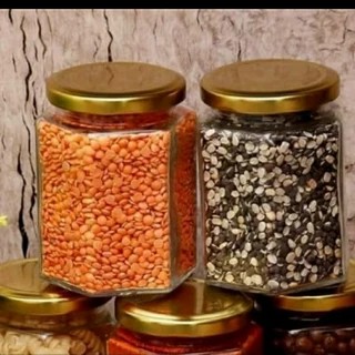 Toples Hexagonal Segi Enam 500ML Toples Beling Kaca Tutup Putar Kuning Emas Bumbu Dapur Selai Madu B