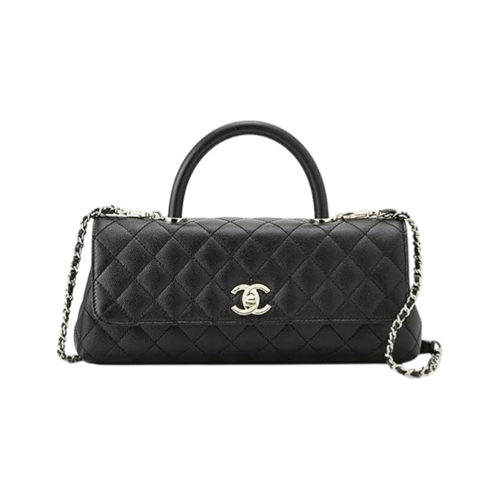 Coco East West Maxi Flap Bag with Top Handle Caviar Leather Black Ghw