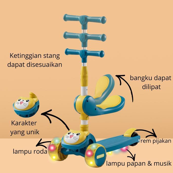 Newayx Skuter Mainan Anak Kucing Lucu 2 In 1 Scooter Lipat 2In1 Bangku Roda Tiga Lampu Musik Rem