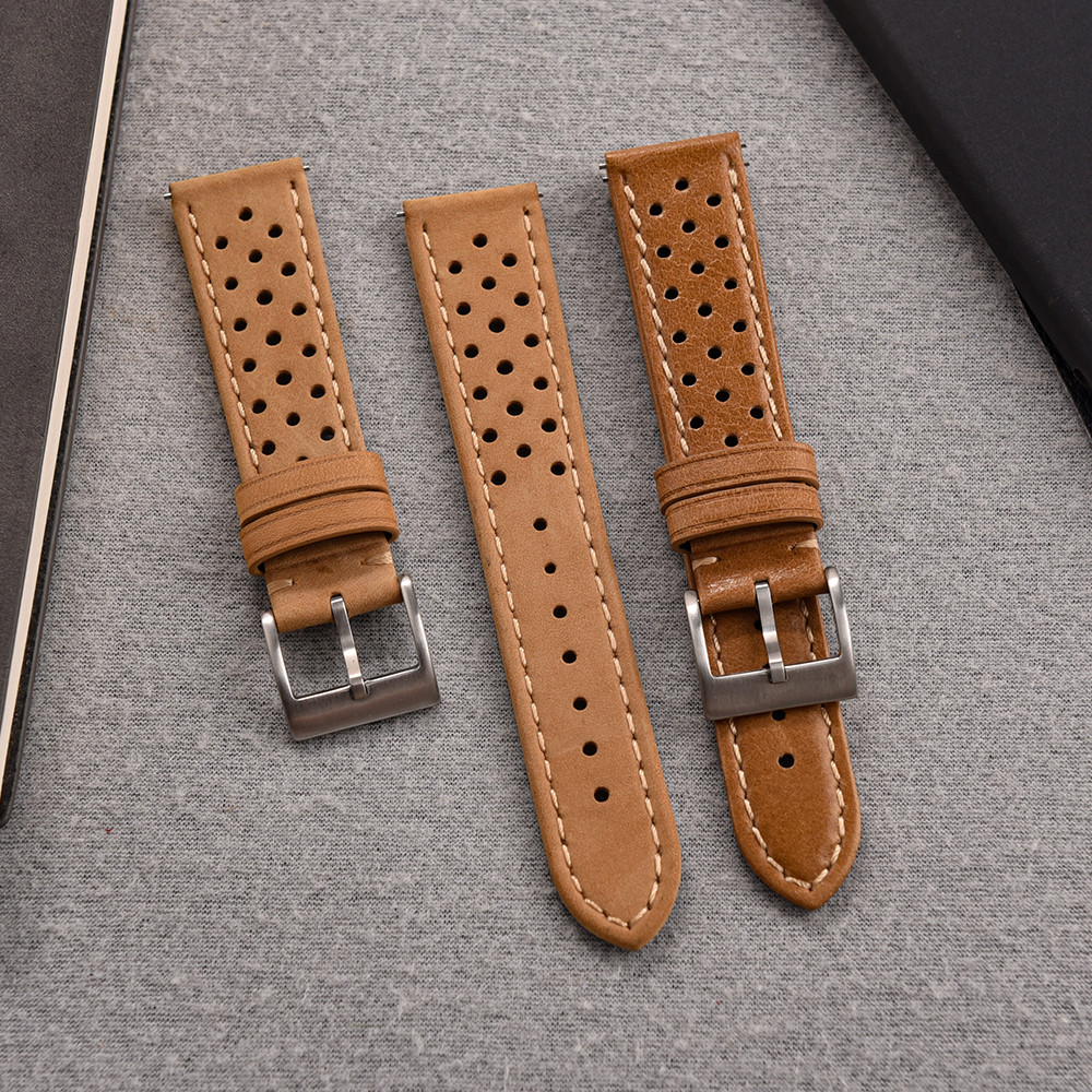 Racing Leather Strap 18mm 20mm 22mm Breathable Porous Leather Watch Strap Quick Release Leather