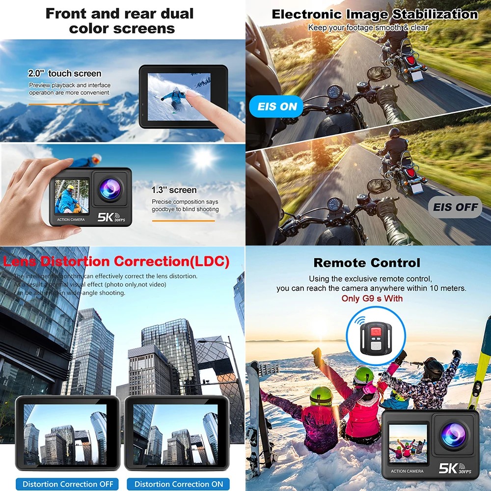 Action Camera 5K 4K60FPS 50MP 2.0 Touch EIS Pre-Record Wireless Mic Wi-Fi 170D DVR Webcam Waterproof