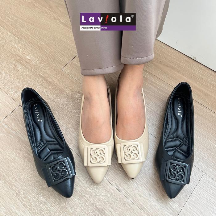 ORIGINAL Laviola 4286 LST - Sepatu Flat Wanita Hak 2 cm Karet Apricot dan Black READY STOCK