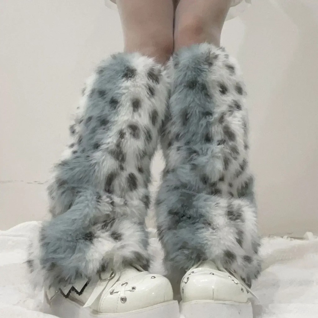 Harajuku Women Leopard Plush Fur Leg Warmers Punk Winter Warm Thickened Imitation Leggings Boots