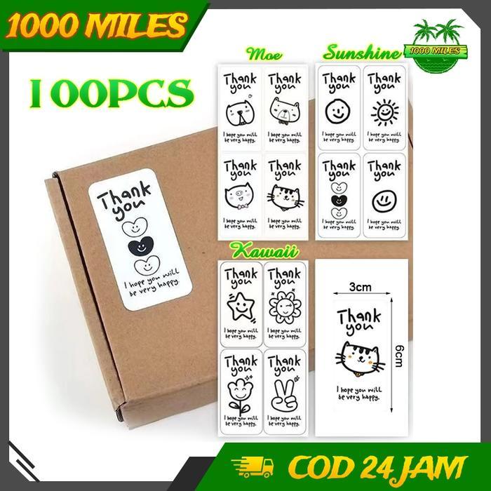 100pcs Stiker Thank You Lucu Persegi Panjang Desain Ins Untuk DIY Packaging Kardus Kue Kotak Hadiah