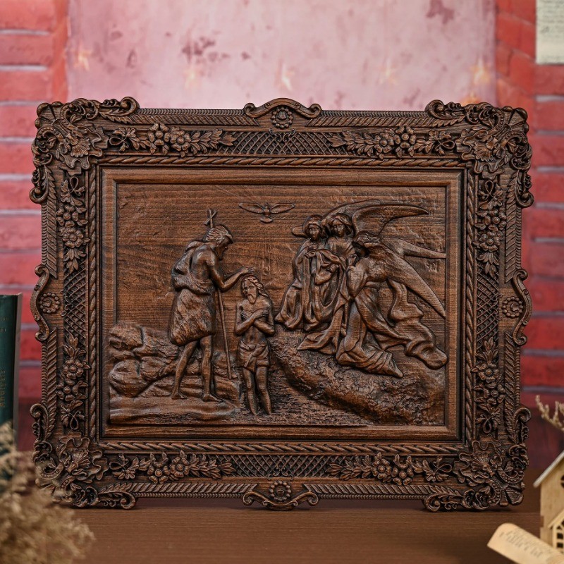 Handcrafted Wooden Relief Wall Art,Baptism of Jesus Scene Religious Carving Decorative Frame, Home