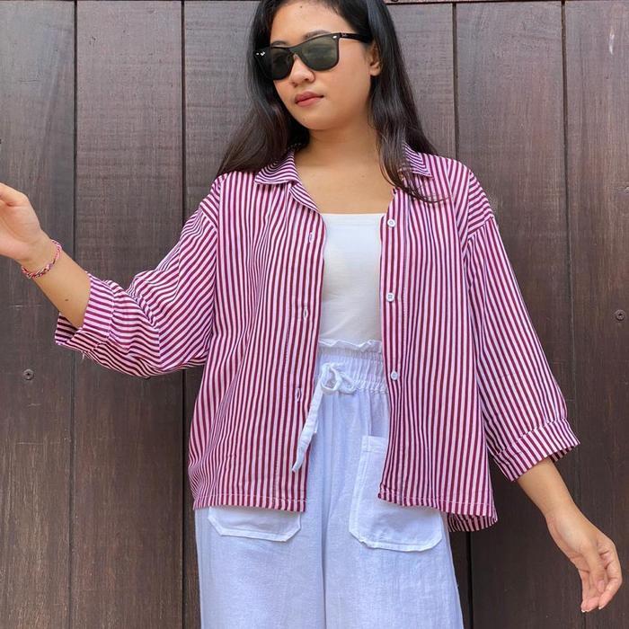 Kemeja Garis Jumbo / Atasan Batwing - Kemeja Cewek Outfit Rayon Baju Motif Baju Wanita Viral Kemeja