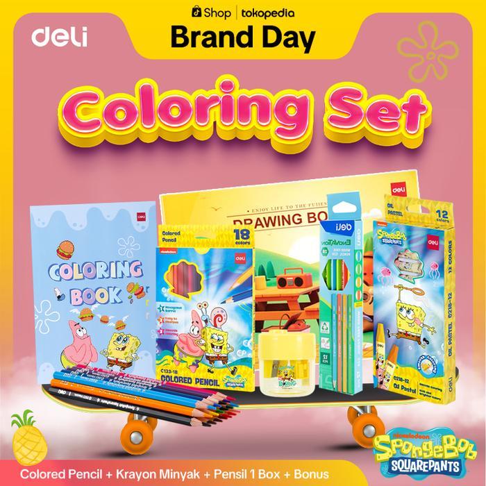 Stok Baru [Deli x Spongebob] Paket Mewarnai, Pensil Warna Spongebob + Krayon Minyak Spongebob + Buku