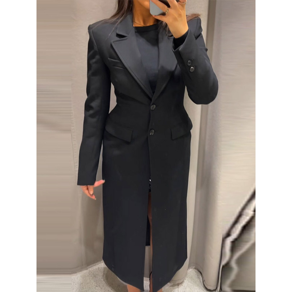 Elegant Long Blazer Coat Women Single Breasted Black Loose Long Sleeve Shoulder Pads Thicken Suit