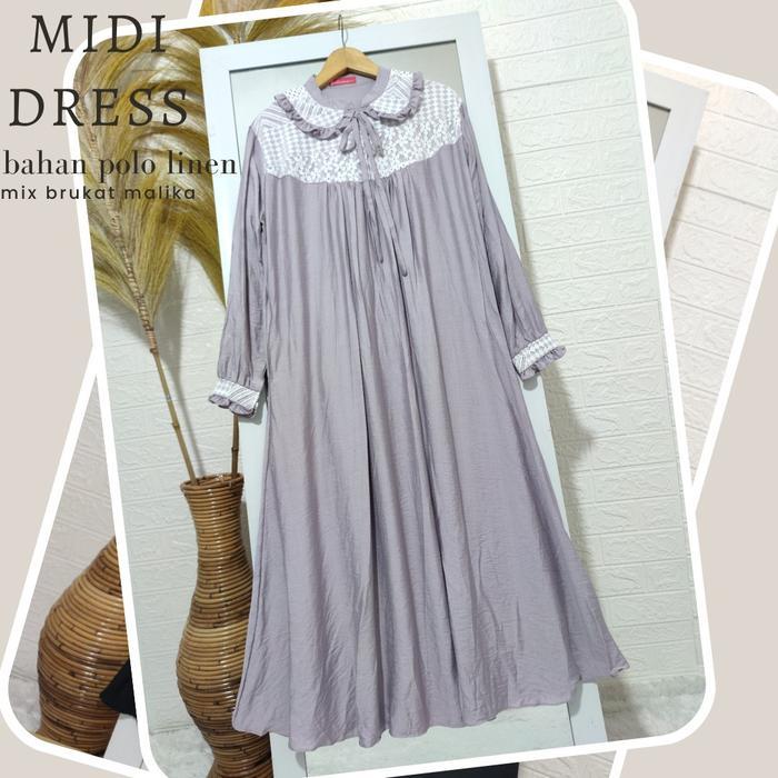 Fashion Wanita Midi Dress Muslim Terbaru Bahan Polo Linen Premium Maxi Brokat Malika Simpel Elegant
