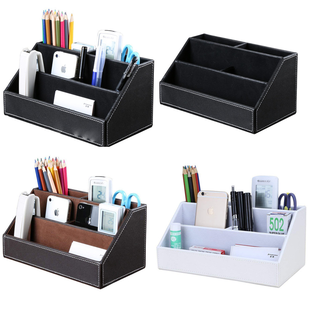 Home Office Wooden Struction Leather Multi-function Desk Stationery Organizer Storage Box,