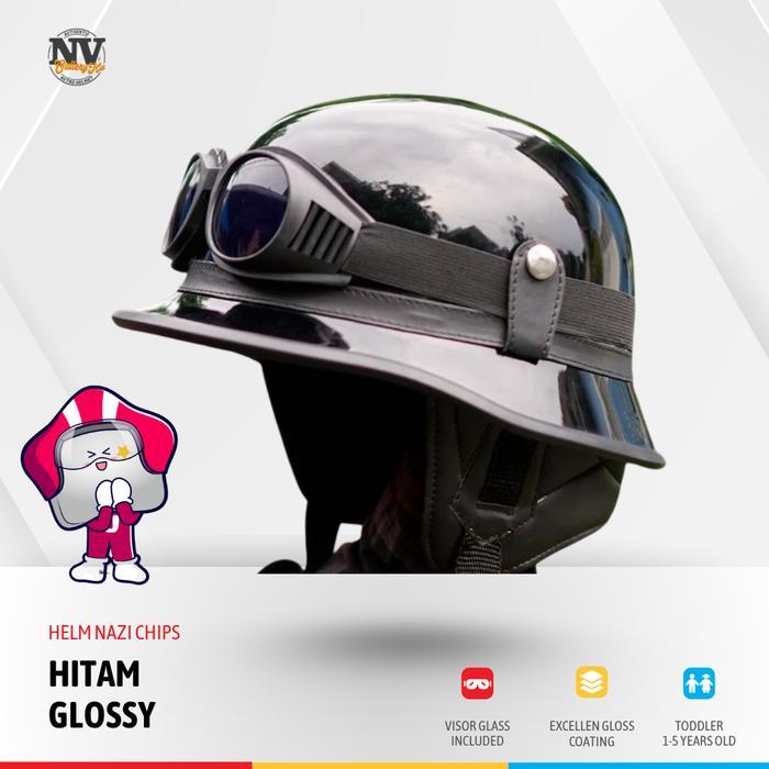 SIAPKIRIM Helm Nazi Retro Chips Hitam Glossy Kulit Dewasa Cowok Cewek Unisex Vespa Aesthetic