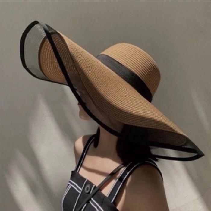 LUFFYSTORE - pantai lebar tile WANITA pita simpel Topi pantai lebar bisa COD Dewasa Hitam