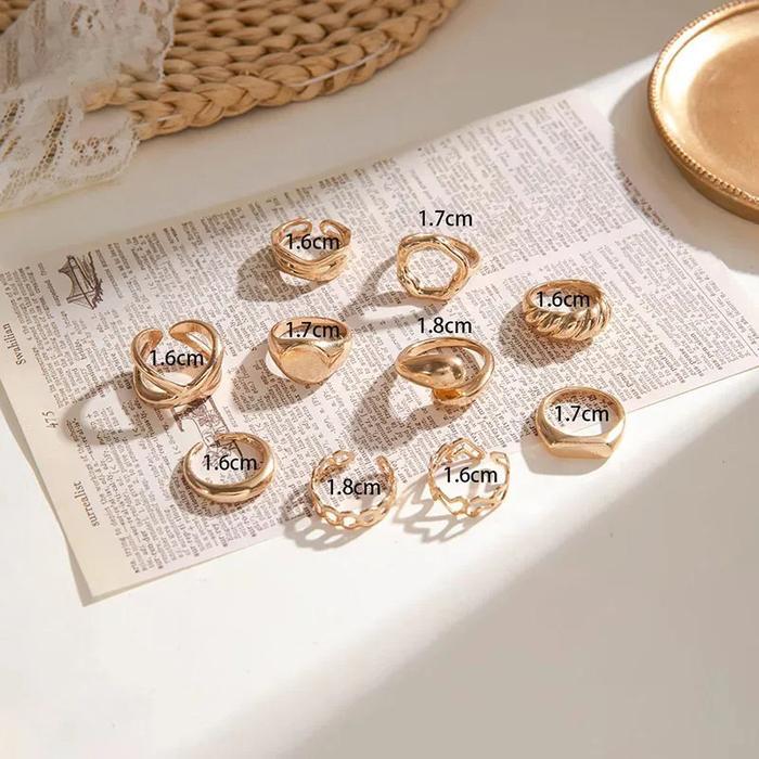 Si 10 Gold-Silver Statement Ring Set Set Cincin Vintage Cincin Buku Jari Wanita Tidak Beraturan