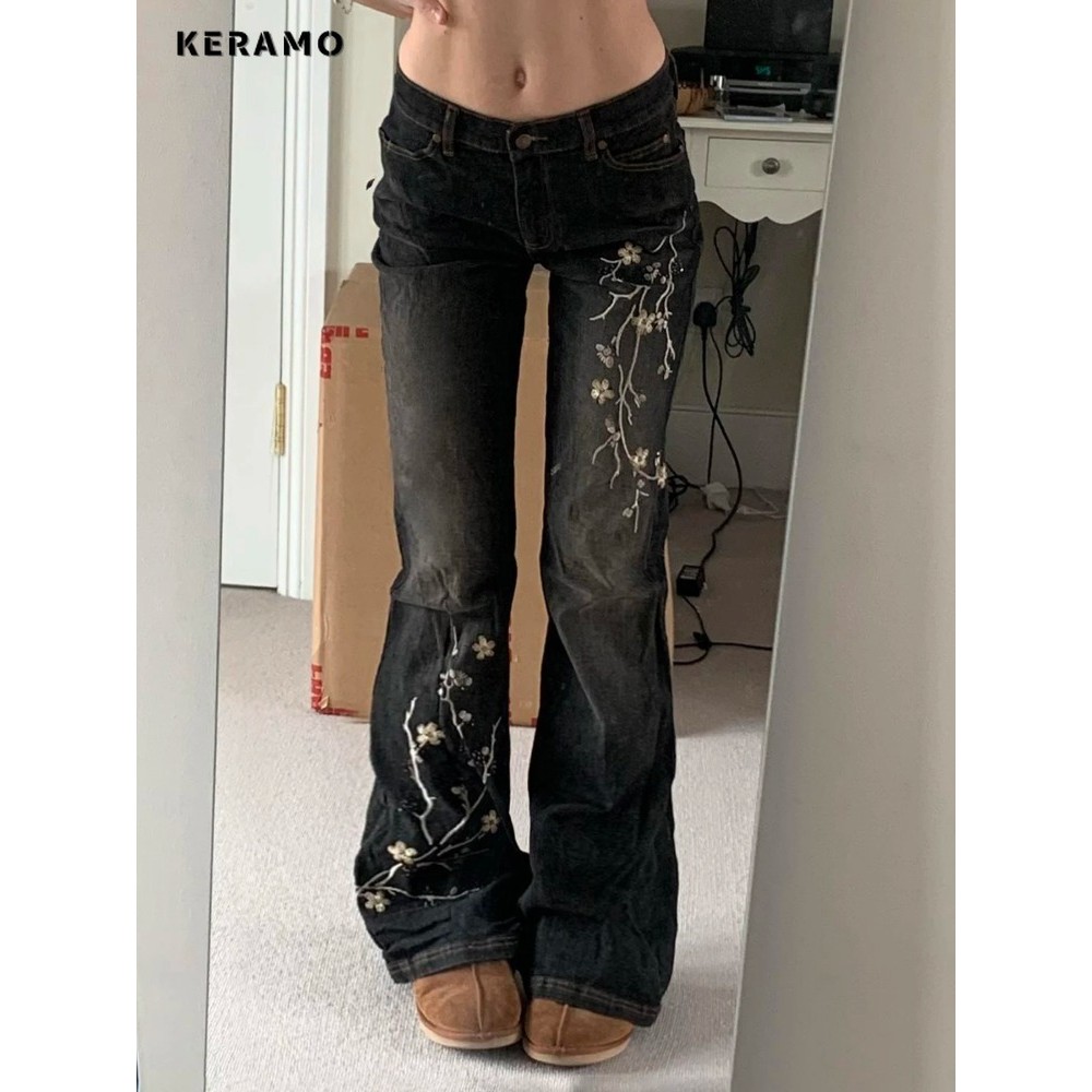 Weekeep Floral Embroidery Jeans Vintage 2000s Low Rise Flared Jeans Women Retro y2k Baggy Denim