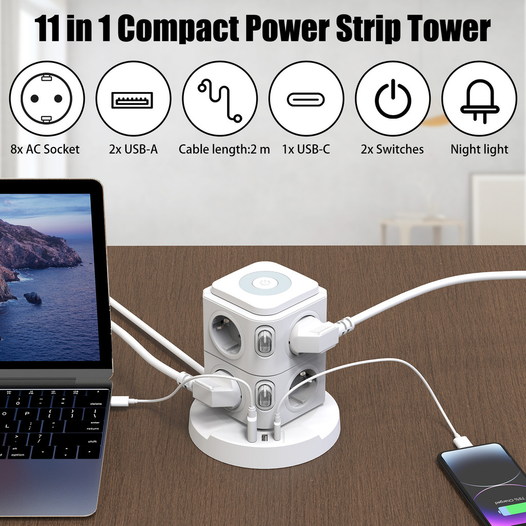 11-in-1 vertical multi-functional socket tower, 8AC+3USB/ Overload protection/three-level night