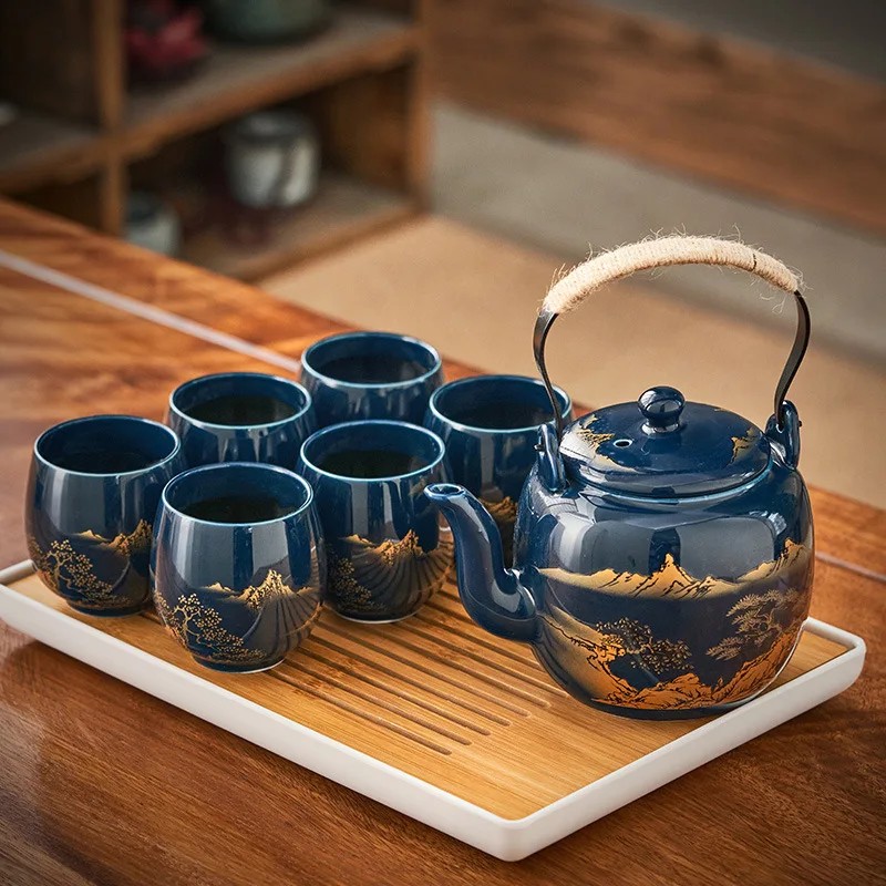 Black Glaze Large-Capa Tea Set, Simple Ceramic Beam Pot, Teacup Whole Tea Pot Set Tea Set Tea Pot