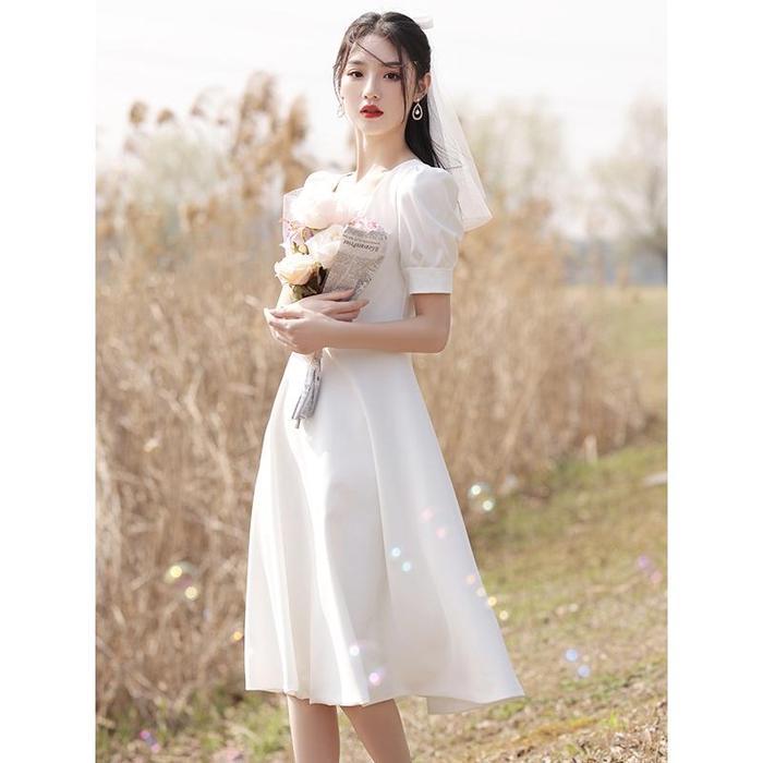 7995 white baju midi dress putih panjang natal wanita kekinian muslimah korea style import kondangan