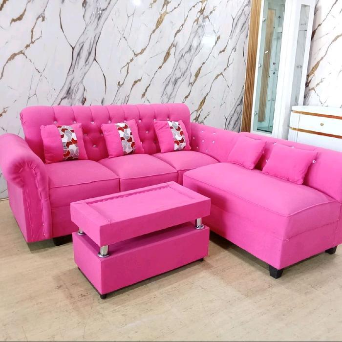 Sofa Ruang Tamu Bludru Kancing Bahan Kain Nilex Bludru Set Sofa Meja Kaca Bantal Random Furniture Se