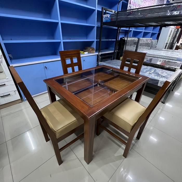 Meja makan kaca kayu jati + 4 kursi