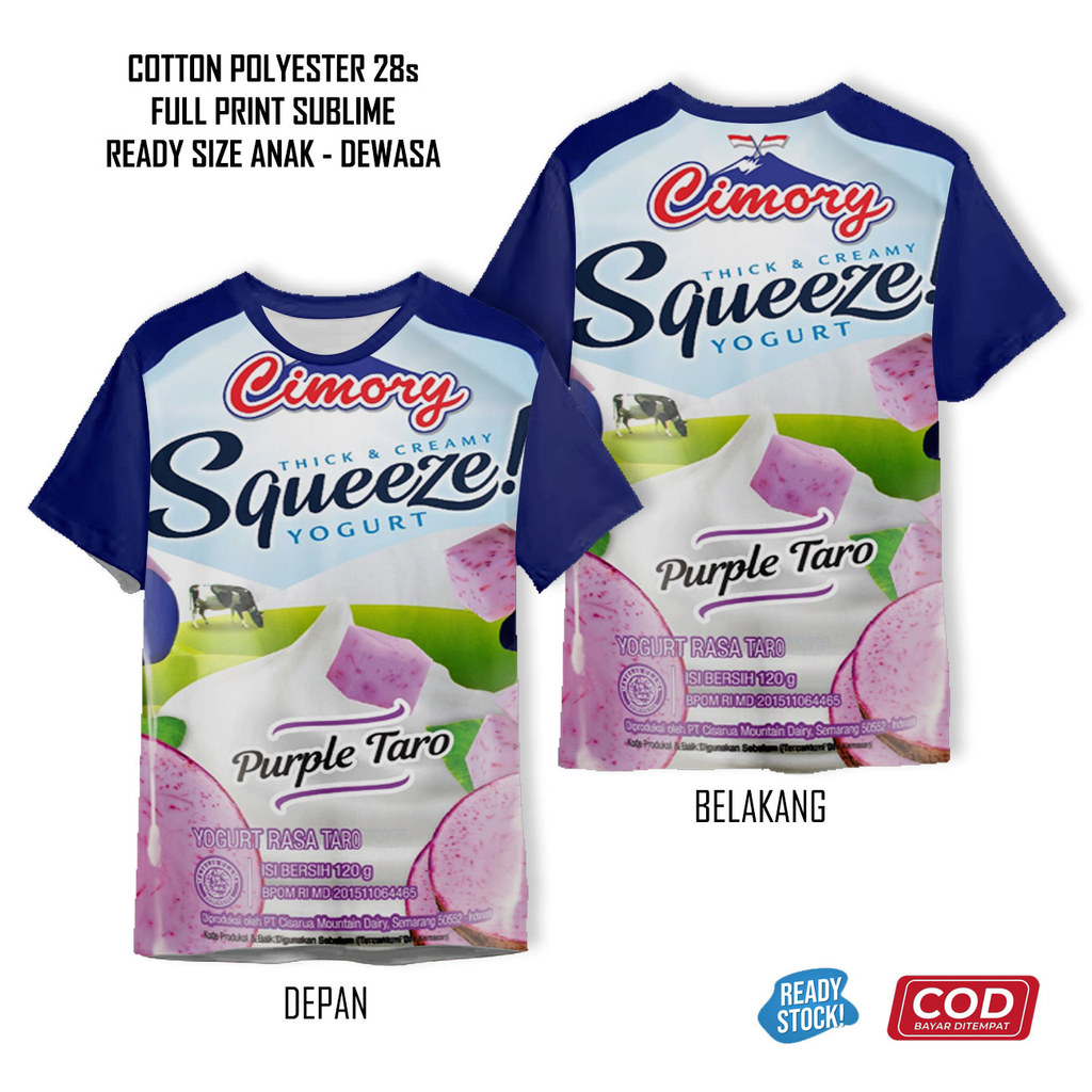 Kaos Cimory Squeeze Original Strawberry Blueberry Taro Madu Full Printing Keren | Baju Susu Anak dan