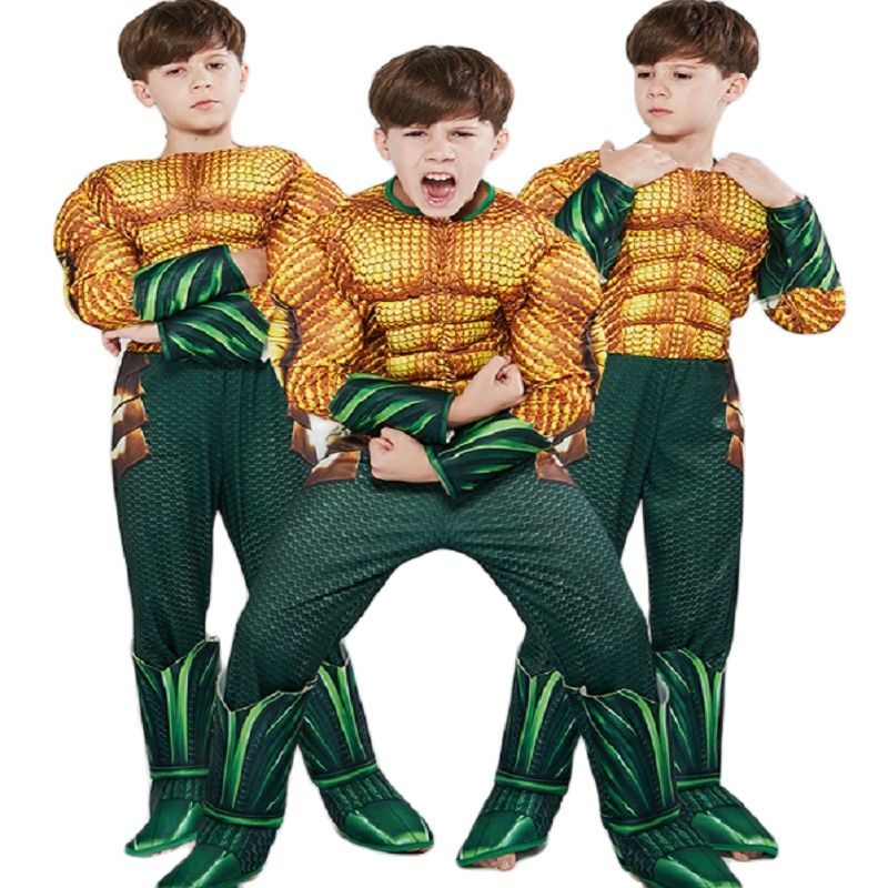 Kids Halloween Anime Costumes Boy Ocean Gold Aquaman Muscle Cosplay Costume Children Superhero