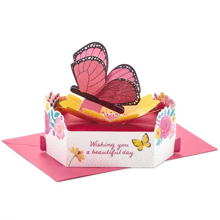 Greeting Card-Hallmark- Paper Wonder- Butterfly And Flowers- 3D Pop-Up