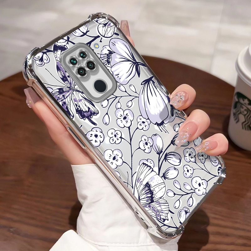 Casing Hp Xiaomi Redmi Note 9 Case Lukisan tinta bunga persik Kasing Shock-Proof Cesing Airbag Kesin