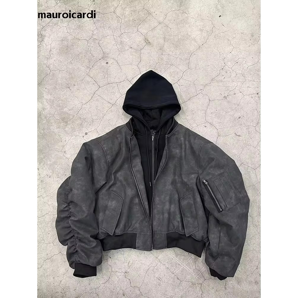 Mauroicardi Spring Oversized Vintage Black Suede Leather Jacket Men Zipper Fake 2 Piece Luxury