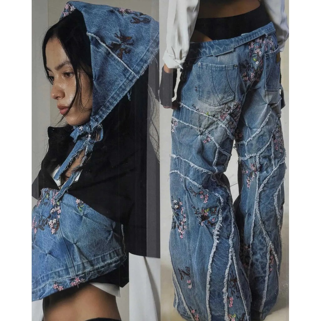 Streetwear Sakura Embroidered Loose Jeans Harajuku Sakura Street Jeans Gothic Low Waist Cowboy Wide