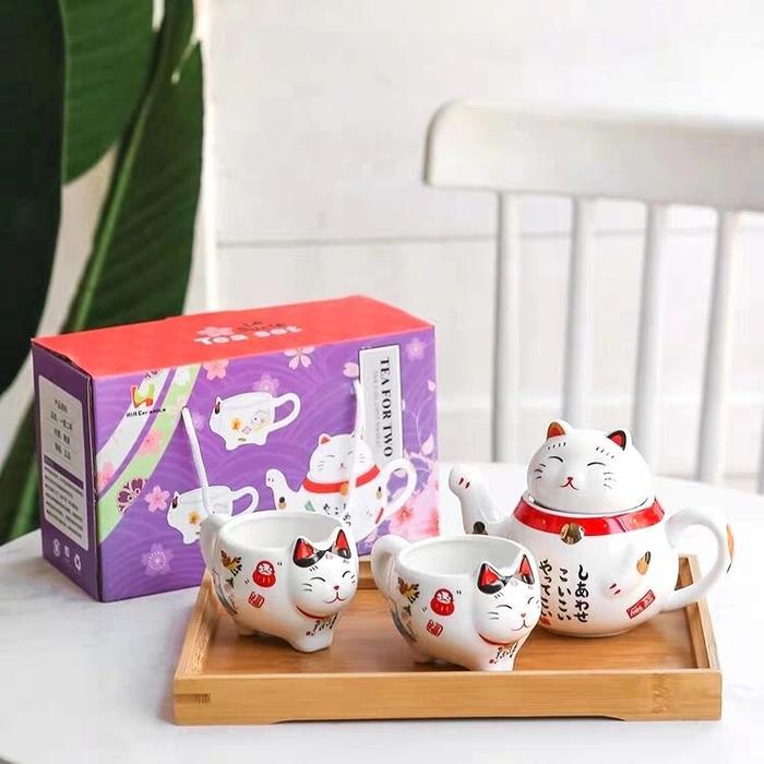 Set Keramik Maneki Neko Kucing Hoki Kado Ultah Tea Set Gelas Keramik