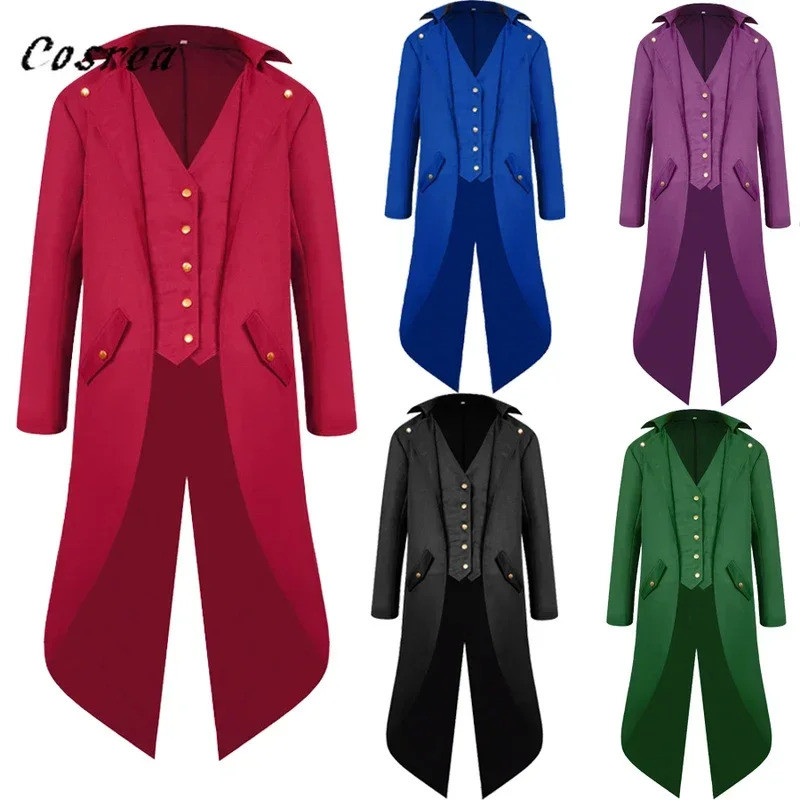 JH12 Medieval Retro Red Tuxedo Tailcoat Mens Jacket Coats Swallowtail Dust Cosplay Steam Punk