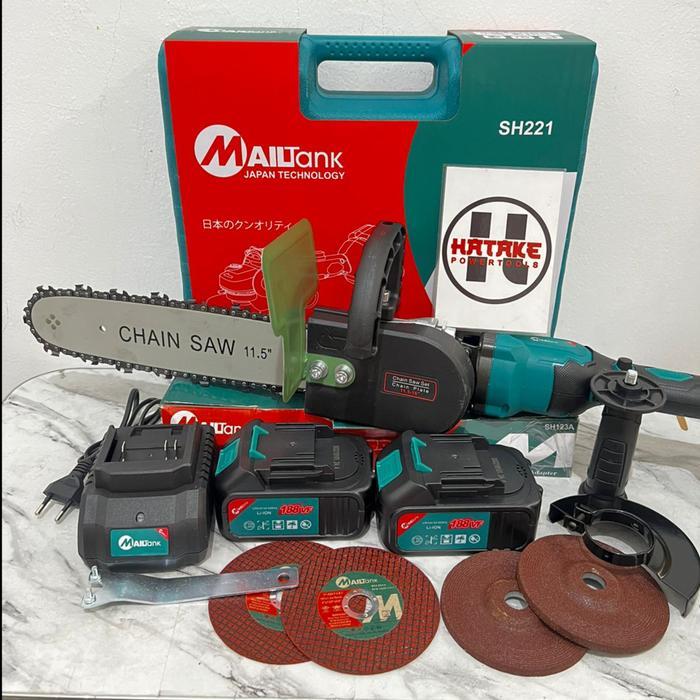 Mailtank Paket Sh221 Gerinda 2 Baterai Brushles188Vf + Adaptor Chainsaw Sh123A Gergaji Potong Kayu