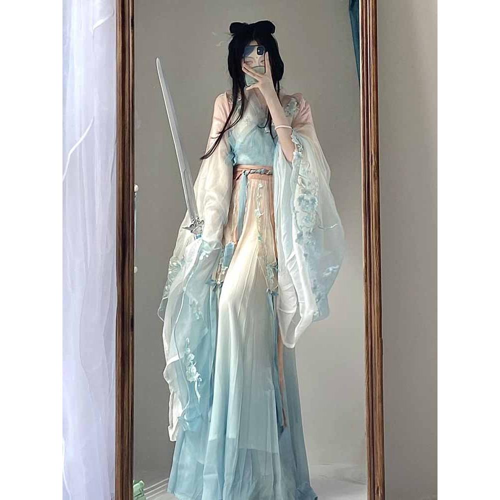 Chinese Hanfu Dress Women Traditional Vintage Hanfu Cosplay Costume Gradient Blue Hanfu Dress