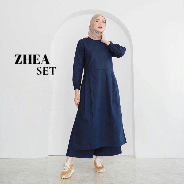 Zhea Setelan, Long Tunik, Celana KulotBahan Katun Linen, Fashion Muslim, One Set, Set Wanita