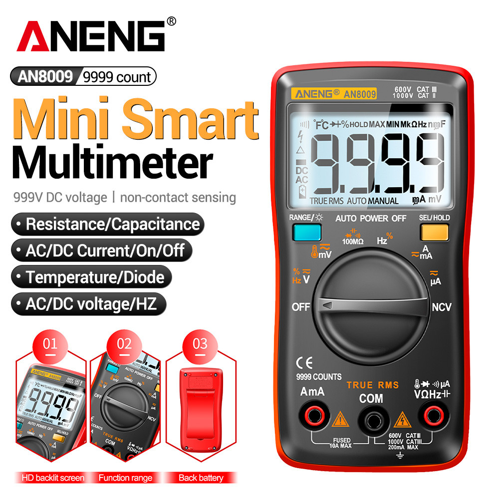 Mini Digital Multimeter ANENG AN8009 True RMS Transistor Tester Auto-Range Automotive Capacitor