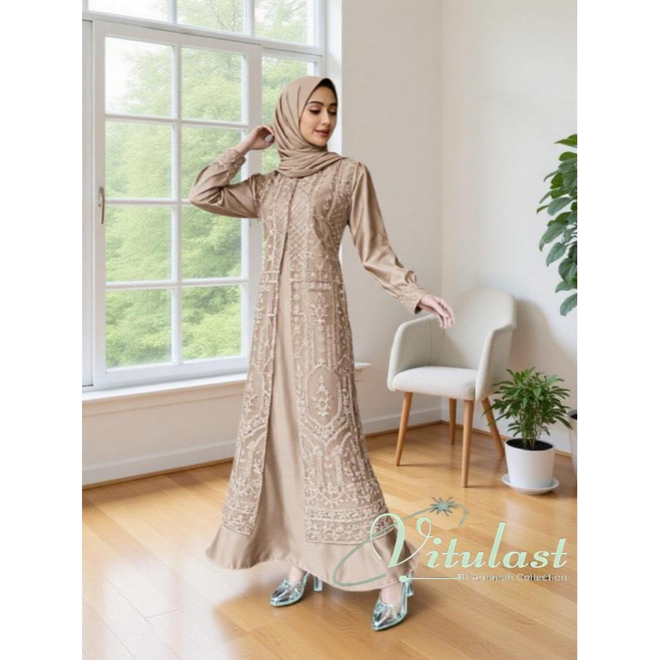 RFV010 Vitulast Gaun Pesta Brukat Wanita Busui Kekinian Satin Gamis Tile Motif Mewah