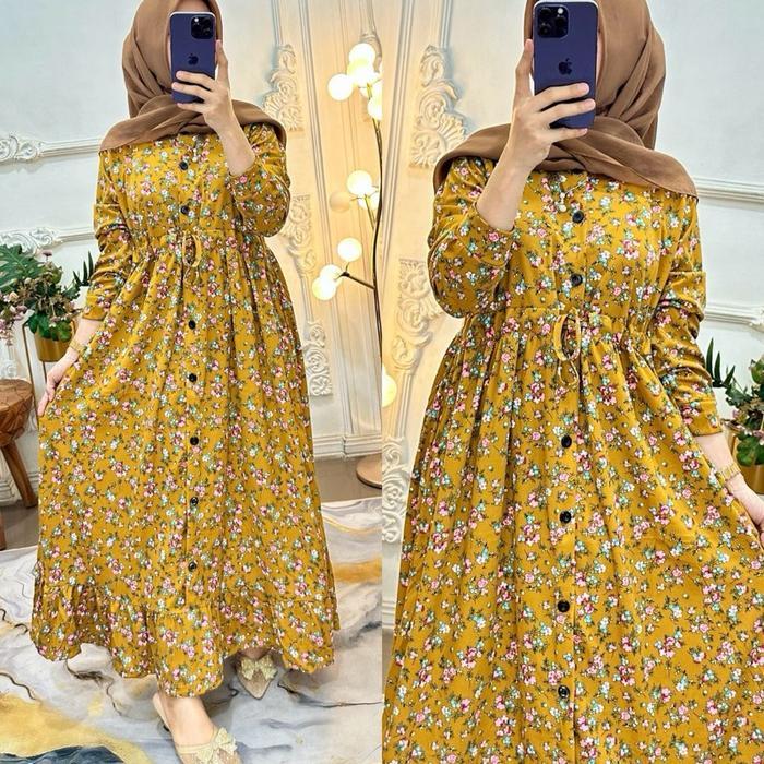 Gamis serut motif kancing muslimah panjang Wanita rempel busui dress mewah lebaran