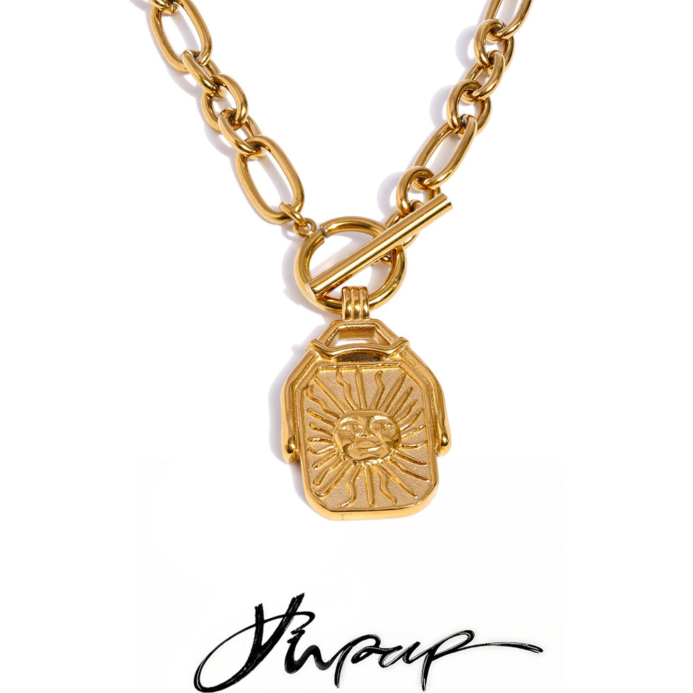 Yhpup Rectangle Double-Sided Sun Moon Pendant Necklace Golden Stainless Steel Toggle-Clasps